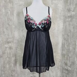 Cacique 22/24 Black Sheer Babydoll Chemise Embroidered Floral Lingerie
